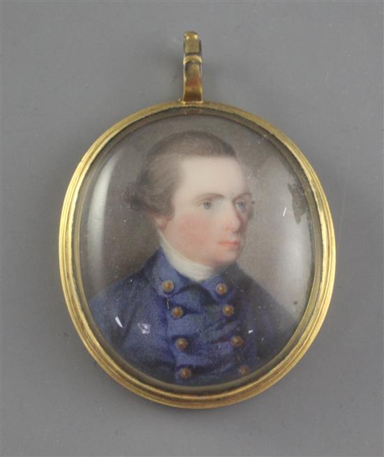 Late 18th century English School Miniature of a gentleman wearing a blue coat, 1.5 x 1.25in.